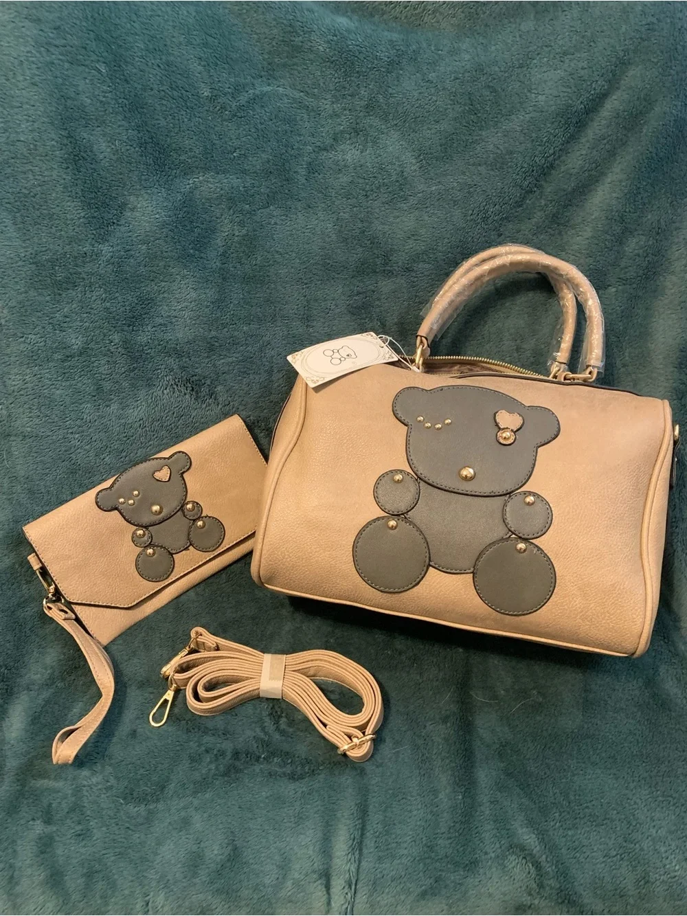 Beige Teddy Applique Satchel Handbag with Wristlet and Strap